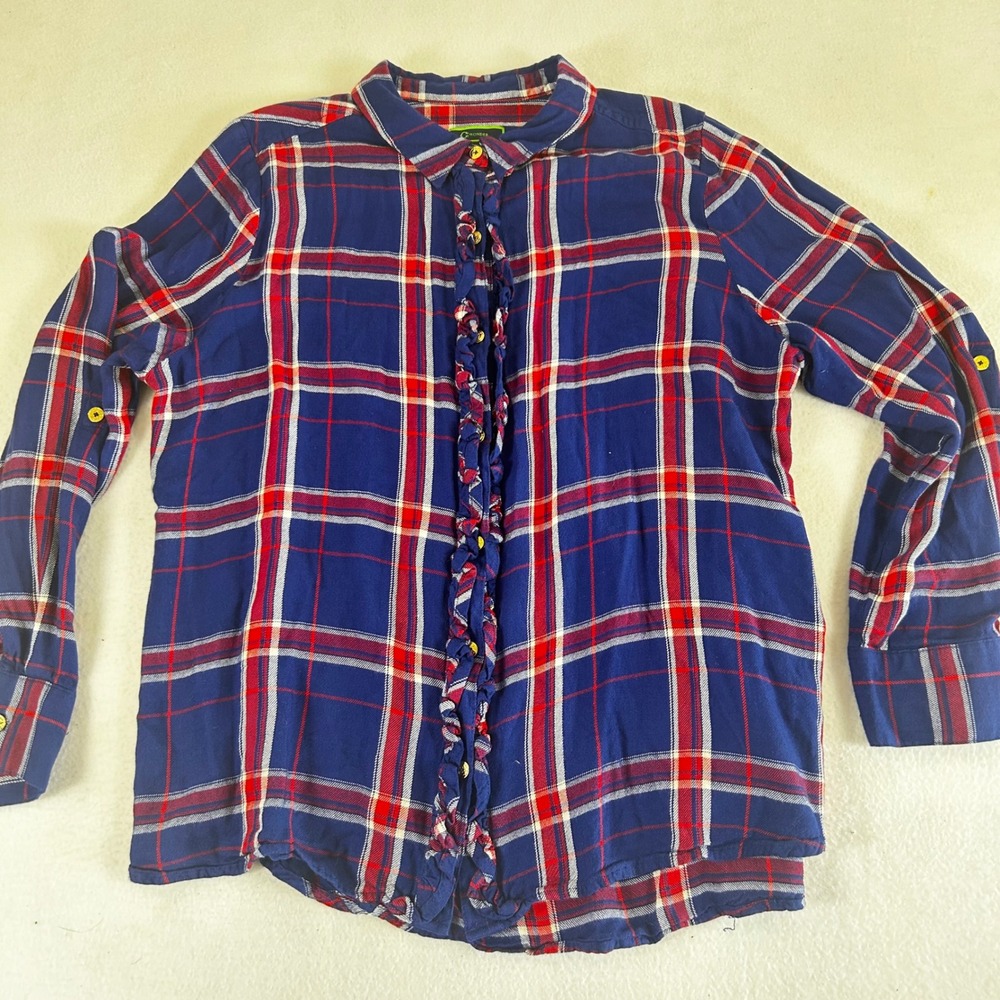 C. Wonder Womens Plaid Ruffle Front Button Down Shirt Navy Red Rayon Size 16